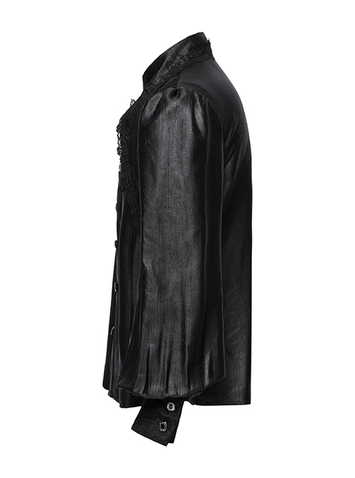 Gorgeous Black Layered Glossy Woven Front Panel Lace Decoration Gothic Style Puff Sleeve Shirt