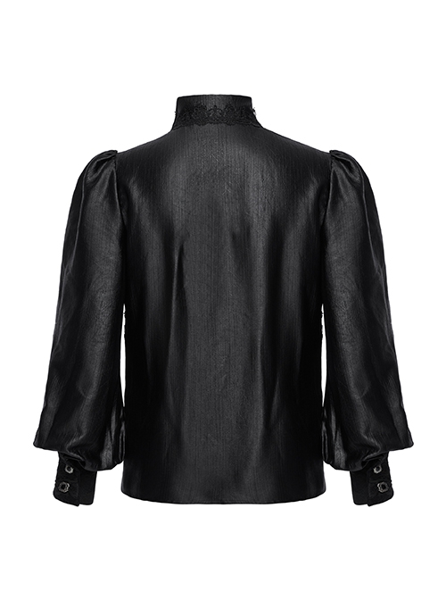 Gorgeous Black Layered Glossy Woven Front Panel Lace Decoration Gothic Style Puff Sleeve Shirt