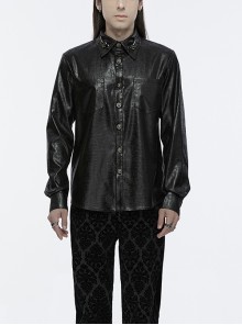 Black Pleated Non Stretch Faux Leather Collar Dragon Scale Decorative Tabs And Gothic Style Skull Long Sleeved Shirt