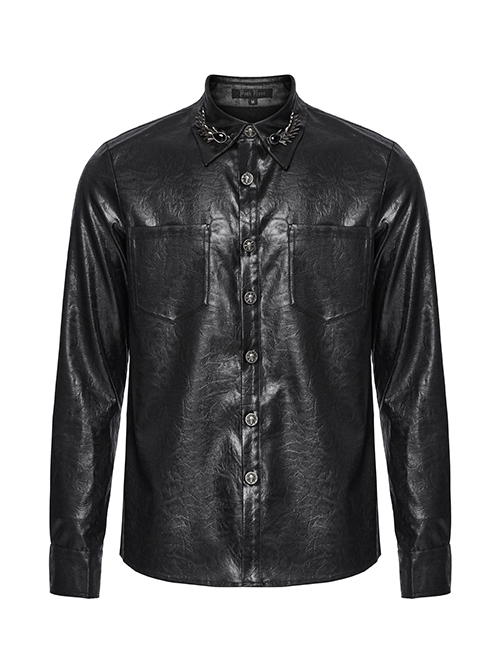 Black Pleated Non Stretch Faux Leather Collar Dragon Scale Decorative Tabs And Gothic Style Skull Long Sleeved Shirt