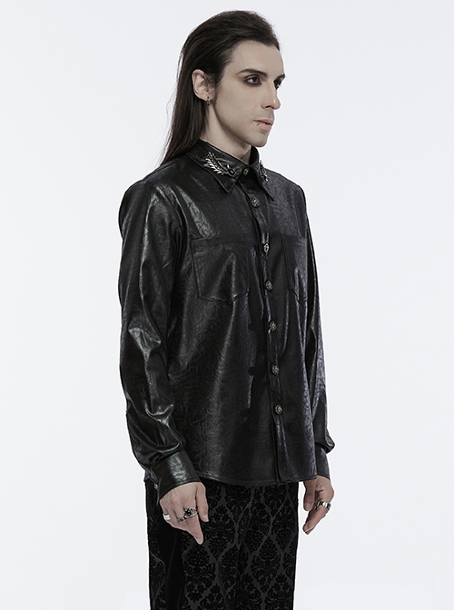 Black Pleated Non Stretch Faux Leather Collar Dragon Scale Decorative Tabs And Gothic Style Skull Long Sleeved Shirt