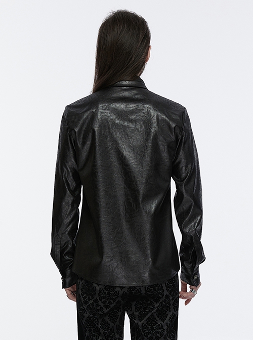 Black Pleated Non Stretch Faux Leather Collar Dragon Scale Decorative Tabs And Gothic Style Skull Long Sleeved Shirt