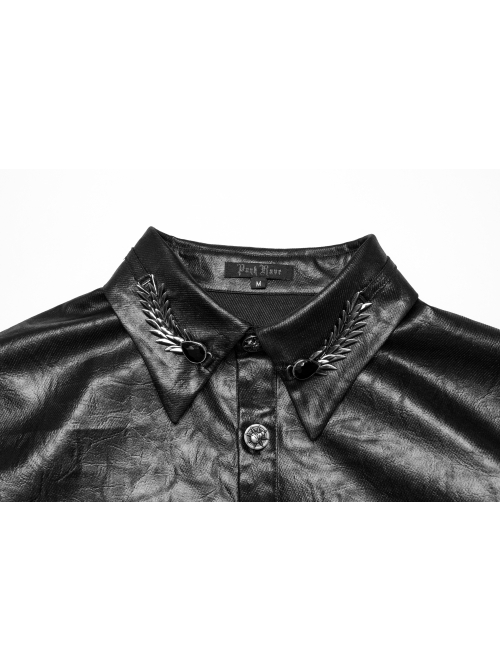 Black Pleated Non Stretch Faux Leather Collar Dragon Scale Decorative Tabs And Gothic Style Skull Long Sleeved Shirt