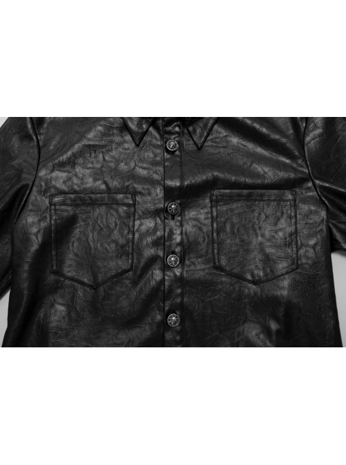 Black Pleated Non Stretch Faux Leather Collar Dragon Scale Decorative Tabs And Gothic Style Skull Long Sleeved Shirt