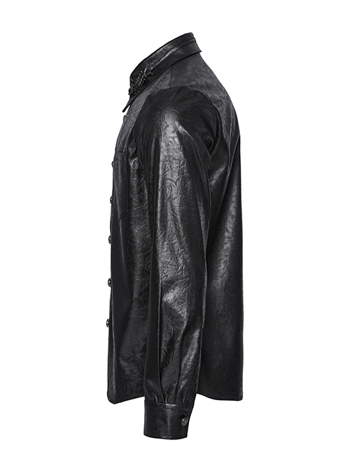 Black Pleated Non Stretch Faux Leather Collar Dragon Scale Decorative Tabs And Gothic Style Skull Long Sleeved Shirt