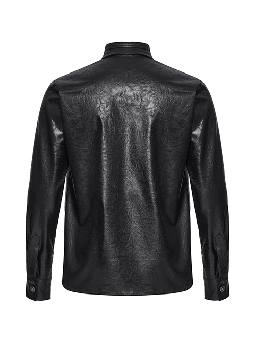 Black Pleated Non Stretch Faux Leather Collar Dragon Scale Decorative Tabs And Gothic Style Skull Long Sleeved Shirt
