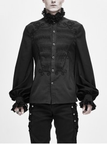 Lace High Collar Hand-Embroidered Long Sleeve Black Gothic Shirt