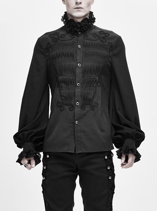 Lace High Collar Hand-Embroidered Long Sleeve Black Gothic Shirt