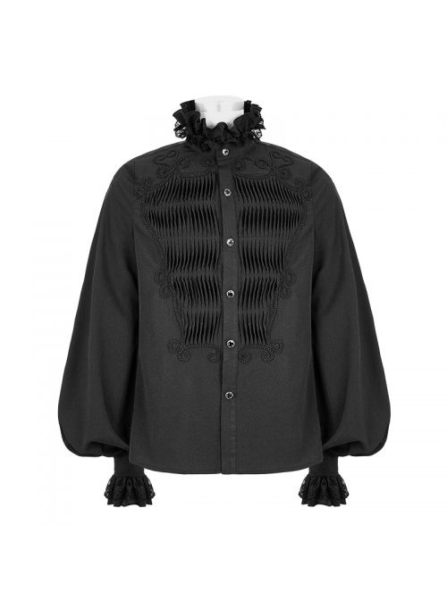 Lace High Collar Hand-Embroidered Long Sleeve Black Gothic Shirt