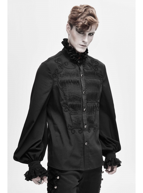 Lace High Collar Hand-Embroidered Long Sleeve Black Gothic Shirt