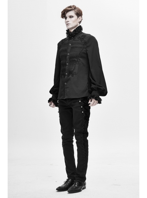 Lace High Collar Hand-Embroidered Long Sleeve Black Gothic Shirt