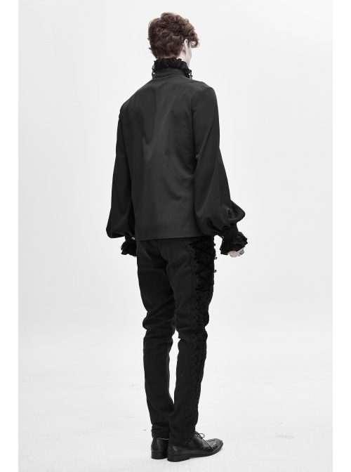 Lace High Collar Hand-Embroidered Long Sleeve Black Gothic Shirt