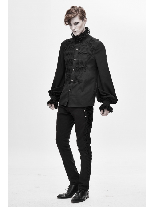 Lace High Collar Hand-Embroidered Long Sleeve Black Gothic Shirt