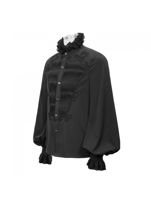 Lace High Collar Hand-Embroidered Long Sleeve Black Gothic Shirt