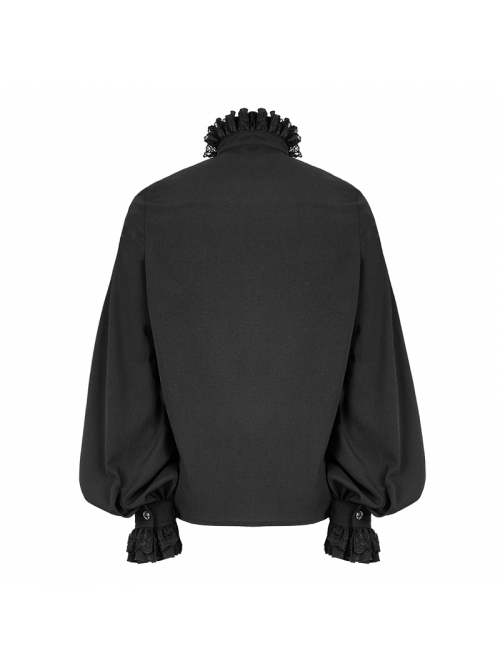 Lace High Collar Hand-Embroidered Long Sleeve Black Gothic Shirt