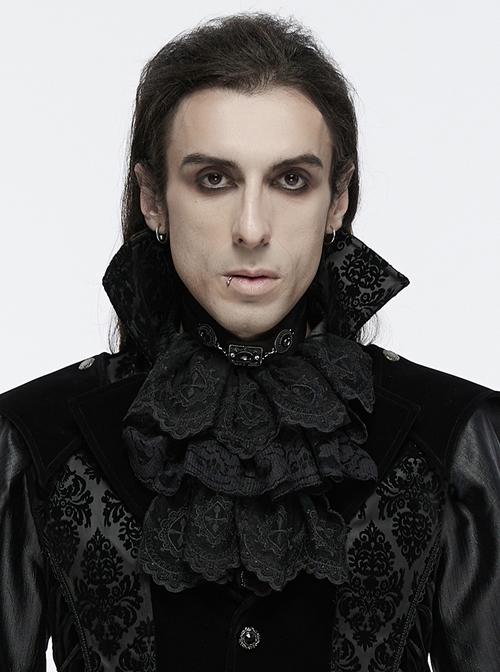 Black Light Embroidery Mesh Splicing Shiny Woven Front Center Retro Diamond Carved Design Gothic Style Gorgeous Collar