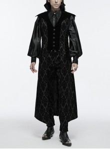 Vintage Black Mysterious Flocking Fabric Removable Snap Button Shoulder Side Webbing Decoration Gothic Style Stand Up Collar Sleeveless Jacket