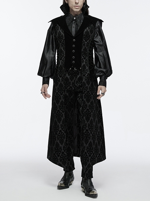 Vintage Black Mysterious Flocking Fabric Removable Snap Button Shoulder Side Webbing Decoration Gothic Style Stand Up Collar Sleeveless Jacket