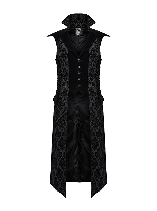 Vintage Black Mysterious Flocking Fabric Removable Snap Button Shoulder Side Webbing Decoration Gothic Style Stand Up Collar Sleeveless Jacket