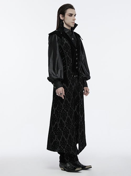 Vintage Black Mysterious Flocking Fabric Removable Snap Button Shoulder Side Webbing Decoration Gothic Style Stand Up Collar Sleeveless Jacket