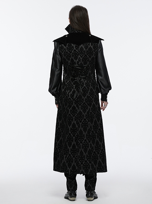 Vintage Black Mysterious Flocking Fabric Removable Snap Button Shoulder Side Webbing Decoration Gothic Style Stand Up Collar Sleeveless Jacket