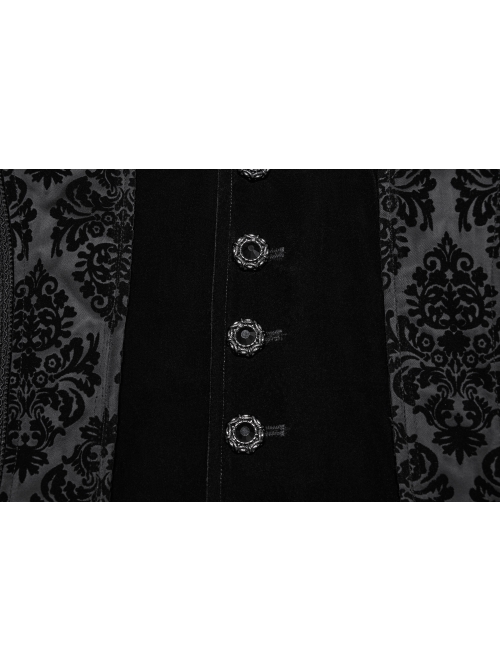 Vintage Black Mysterious Flocking Fabric Removable Snap Button Shoulder Side Webbing Decoration Gothic Style Stand Up Collar Sleeveless Jacket