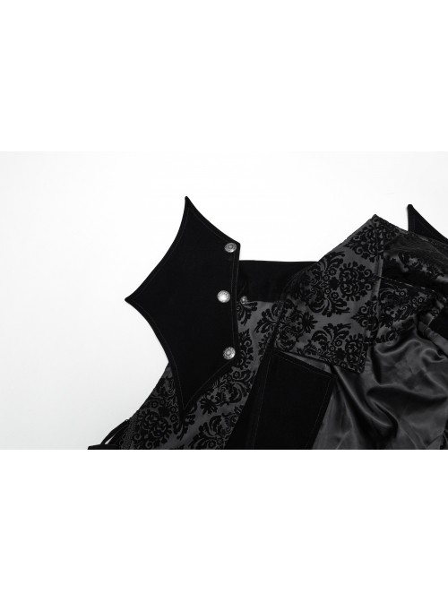 Vintage Black Mysterious Flocking Fabric Removable Snap Button Shoulder Side Webbing Decoration Gothic Style Stand Up Collar Sleeveless Jacket