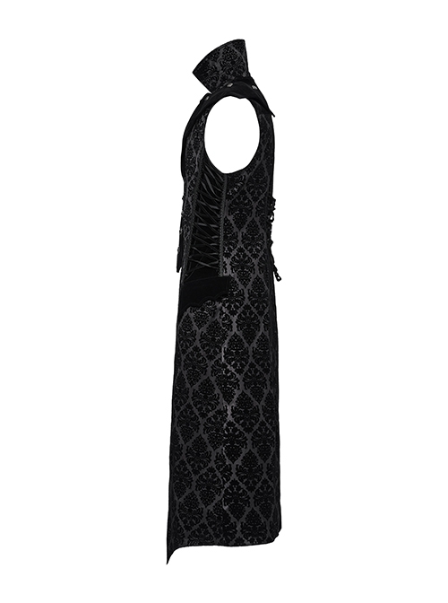 Vintage Black Mysterious Flocking Fabric Removable Snap Button Shoulder Side Webbing Decoration Gothic Style Stand Up Collar Sleeveless Jacket