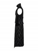 Vintage Black Mysterious Flocking Fabric Removable Snap Button Shoulder Side Webbing Decoration Gothic Style Stand Up Collar Sleeveless Jacket