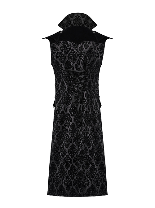 Vintage Black Mysterious Flocking Fabric Removable Snap Button Shoulder Side Webbing Decoration Gothic Style Stand Up Collar Sleeveless Jacket