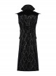 Vintage Black Mysterious Flocking Fabric Removable Snap Button Shoulder Side Webbing Decoration Gothic Style Stand Up Collar Sleeveless Jacket