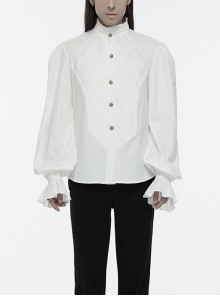 White Retro Simple Front Pinstripe With Stand Up Collar Ruffle Design Gothic Style Puff Sleeve Shirt