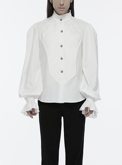 White Retro Simple Front Pinstripe With Stand Up Collar Ruffle Design Gothic Style Puff Sleeve Shirt