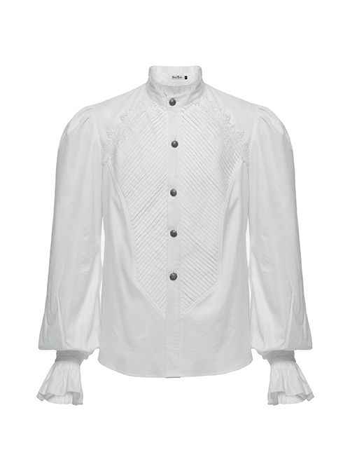 White Retro Simple Front Pinstripe With Stand Up Collar Ruffle Design Gothic Style Puff Sleeve Shirt
