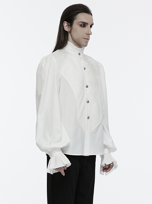 White Retro Simple Front Pinstripe With Stand Up Collar Ruffle Design Gothic Style Puff Sleeve Shirt