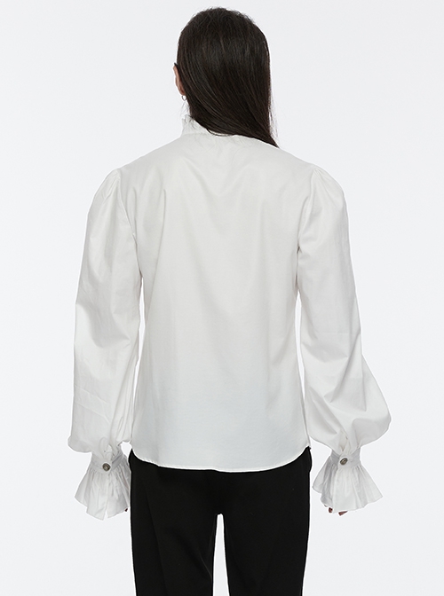 White Retro Simple Front Pinstripe With Stand Up Collar Ruffle Design Gothic Style Puff Sleeve Shirt