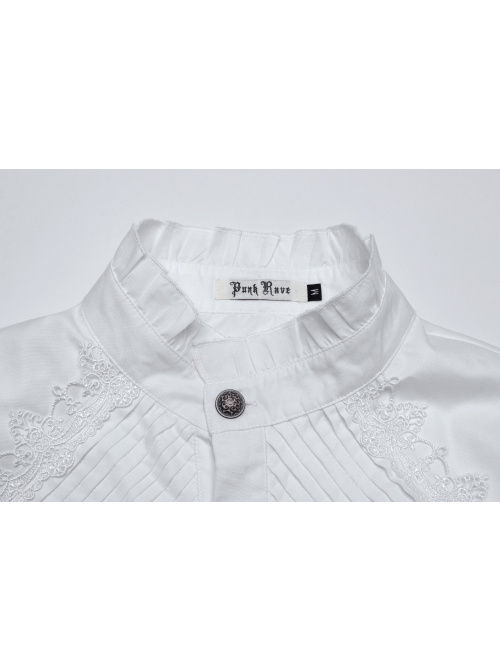 White Retro Simple Front Pinstripe With Stand Up Collar Ruffle Design Gothic Style Puff Sleeve Shirt