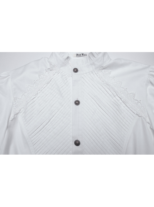 White Retro Simple Front Pinstripe With Stand Up Collar Ruffle Design Gothic Style Puff Sleeve Shirt