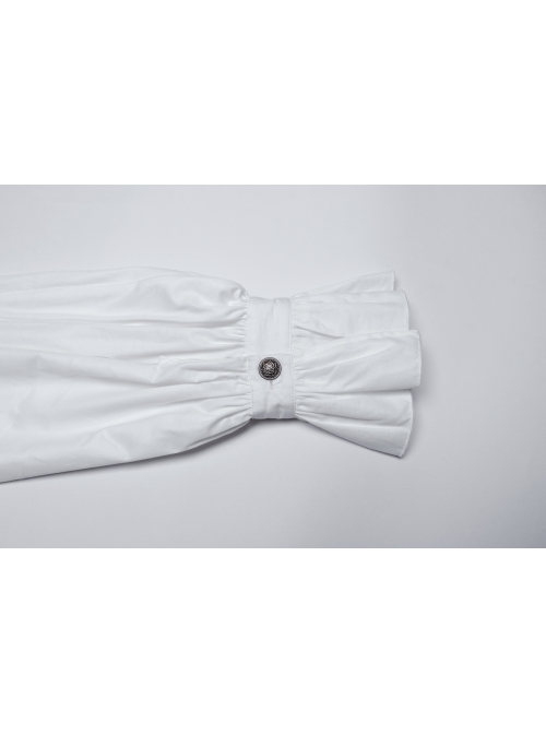 White Retro Simple Front Pinstripe With Stand Up Collar Ruffle Design Gothic Style Puff Sleeve Shirt