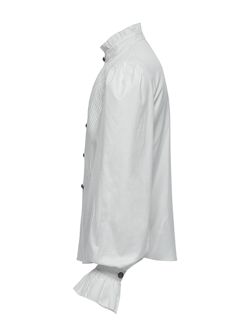 White Retro Simple Front Pinstripe With Stand Up Collar Ruffle Design Gothic Style Puff Sleeve Shirt