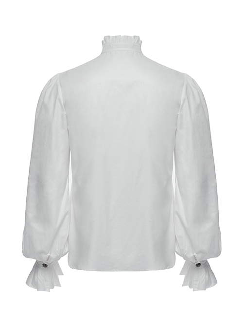 White Retro Simple Front Pinstripe With Stand Up Collar Ruffle Design Gothic Style Puff Sleeve Shirt