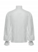 White Retro Simple Front Pinstripe With Stand Up Collar Ruffle Design Gothic Style Puff Sleeve Shirt