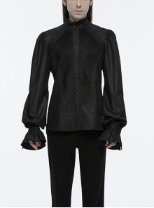 Black Retro Simple Front Pinstripe With Stand Up Collar Ruffle Design Gothic Style Puff Sleeve Shirt