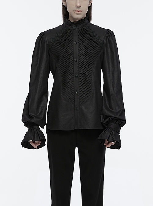 Black Retro Simple Front Pinstripe With Stand Up Collar Ruffle Design Gothic Style Puff Sleeve Shirt