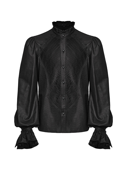 Black Retro Simple Front Pinstripe With Stand Up Collar Ruffle Design Gothic Style Puff Sleeve Shirt