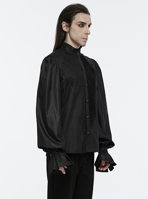 Black Retro Simple Front Pinstripe With Stand Up Collar Ruffle Design Gothic Style Puff Sleeve Shirt