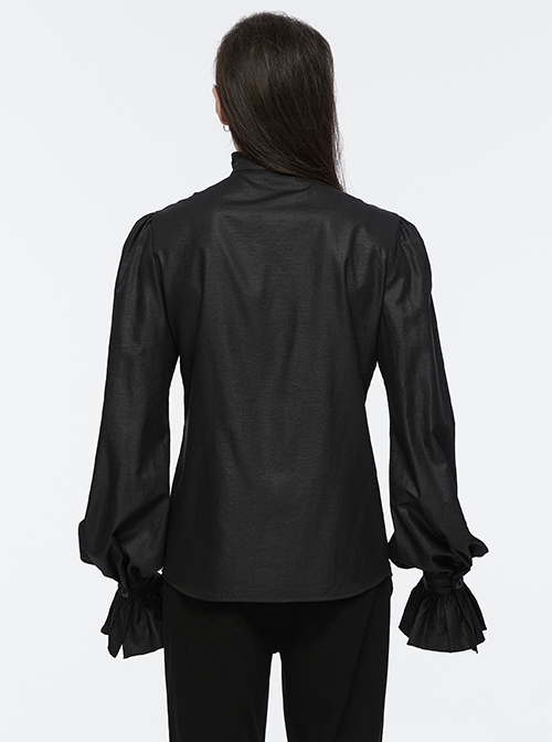 Black Retro Simple Front Pinstripe With Stand Up Collar Ruffle Design Gothic Style Puff Sleeve Shirt