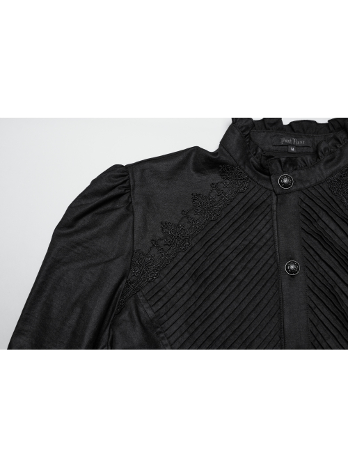 Black Retro Simple Front Pinstripe With Stand Up Collar Ruffle Design Gothic Style Puff Sleeve Shirt