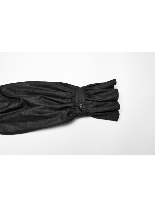 Black Retro Simple Front Pinstripe With Stand Up Collar Ruffle Design Gothic Style Puff Sleeve Shirt