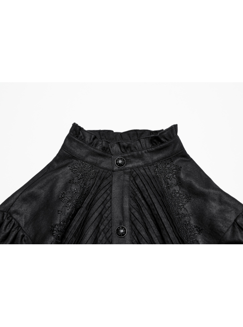 Black Retro Simple Front Pinstripe With Stand Up Collar Ruffle Design Gothic Style Puff Sleeve Shirt